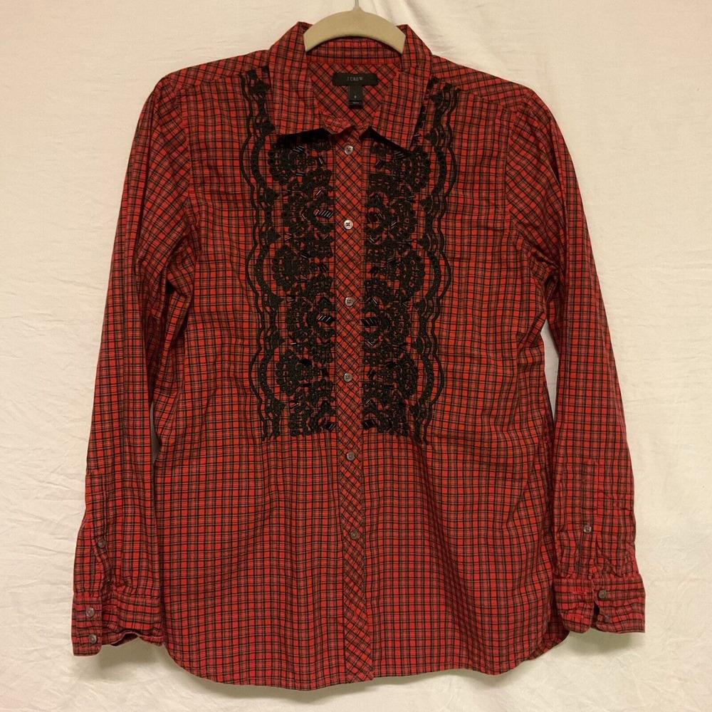 Women's J Crew Red Plaid Shirt Embroidered Sz 8 Button Down Top Western‎ Beaded